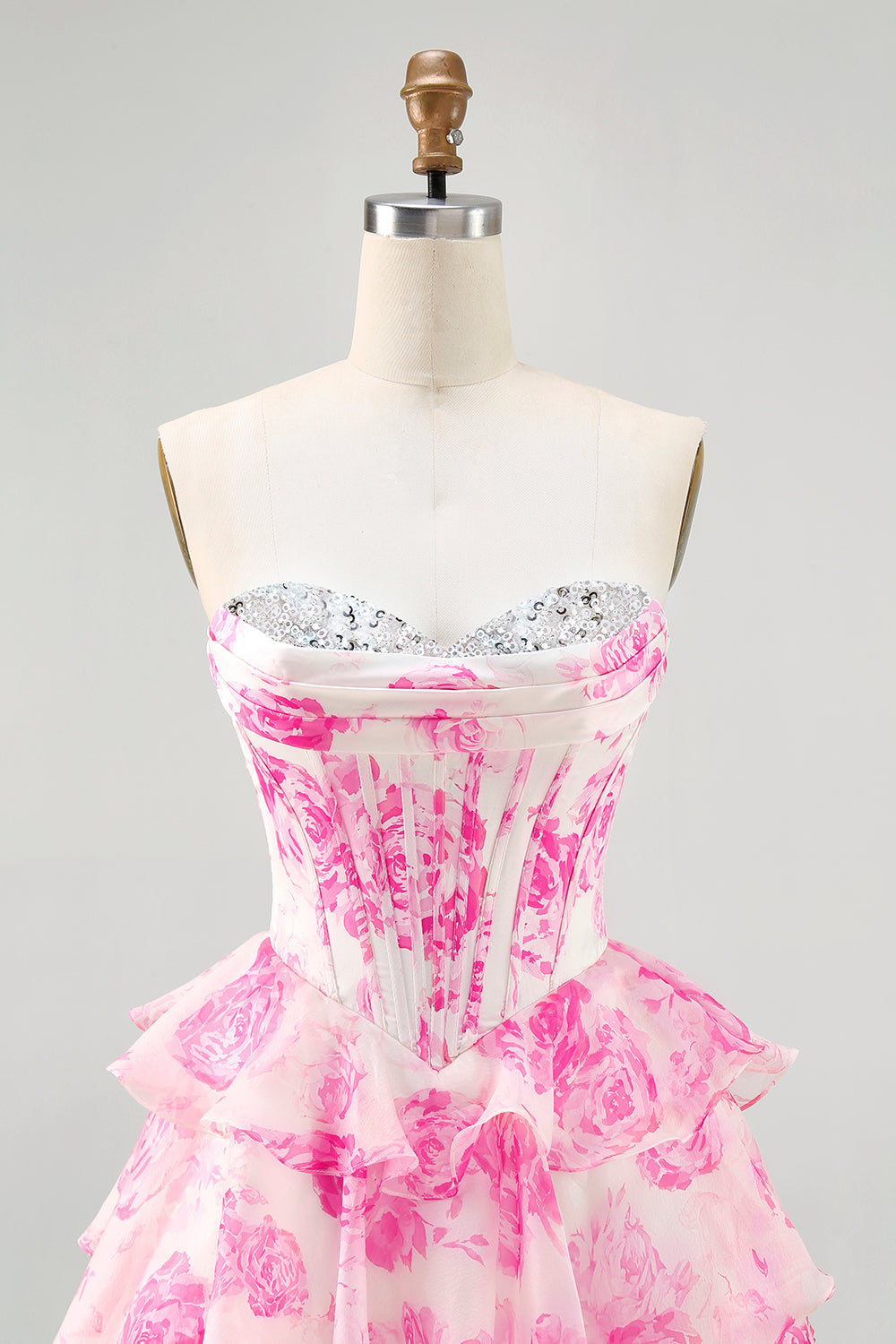 Printed Pink Flower Strapless Corset Homecoming Dress with Sequins