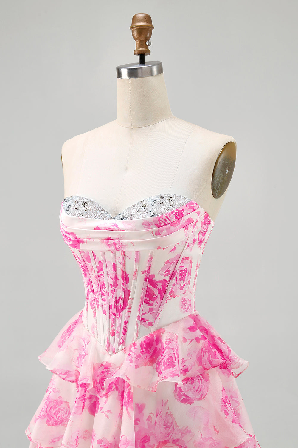 Printed Pink Flower Strapless Corset Homecoming Dress with Sequins