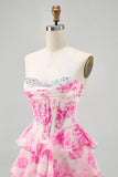 Printed Pink Flower Strapless Corset Homecoming Dress with Sequins