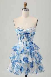 Corset A Line Strapless Tiered White Blue Flower Homecoming Dress with Sequins