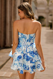 Corset A Line Strapless Tiered White Blue Flower Homecoming Dress with Sequins