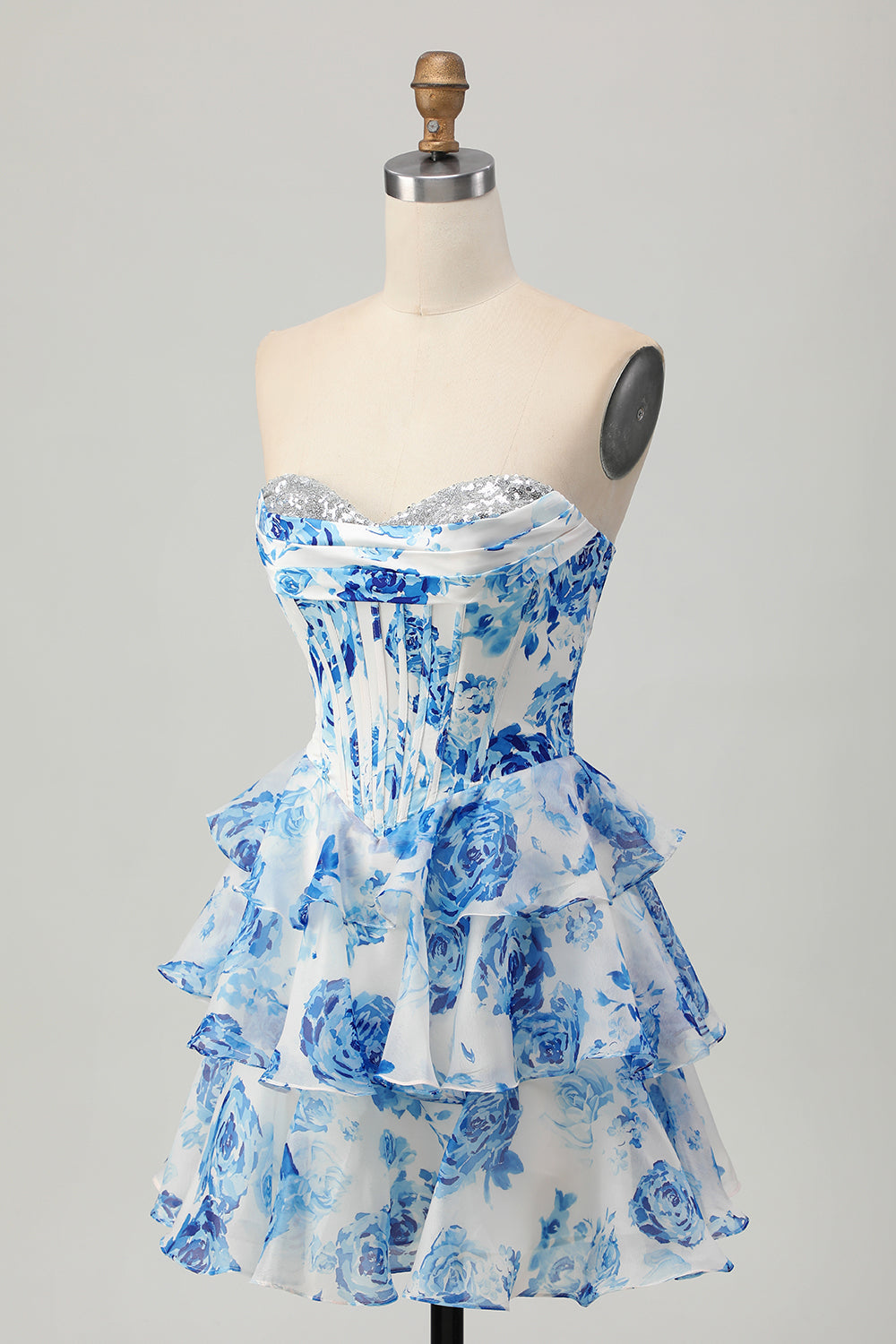 Corset A Line Strapless Tiered White Blue Flower Homecoming Dress with Sequins