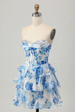 Corset A Line Strapless Tiered White Blue Flower Homecoming Dress with Sequins