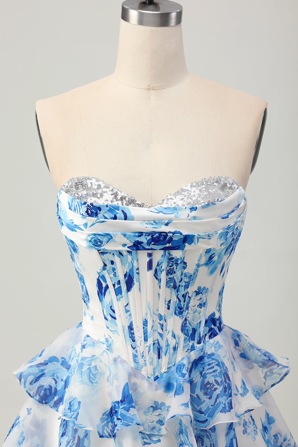 Corset A Line Strapless Tiered White Blue Flower Homecoming Dress with Sequins