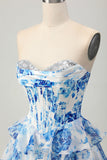 Corset A Line Strapless Tiered White Blue Flower Homecoming Dress with Sequins
