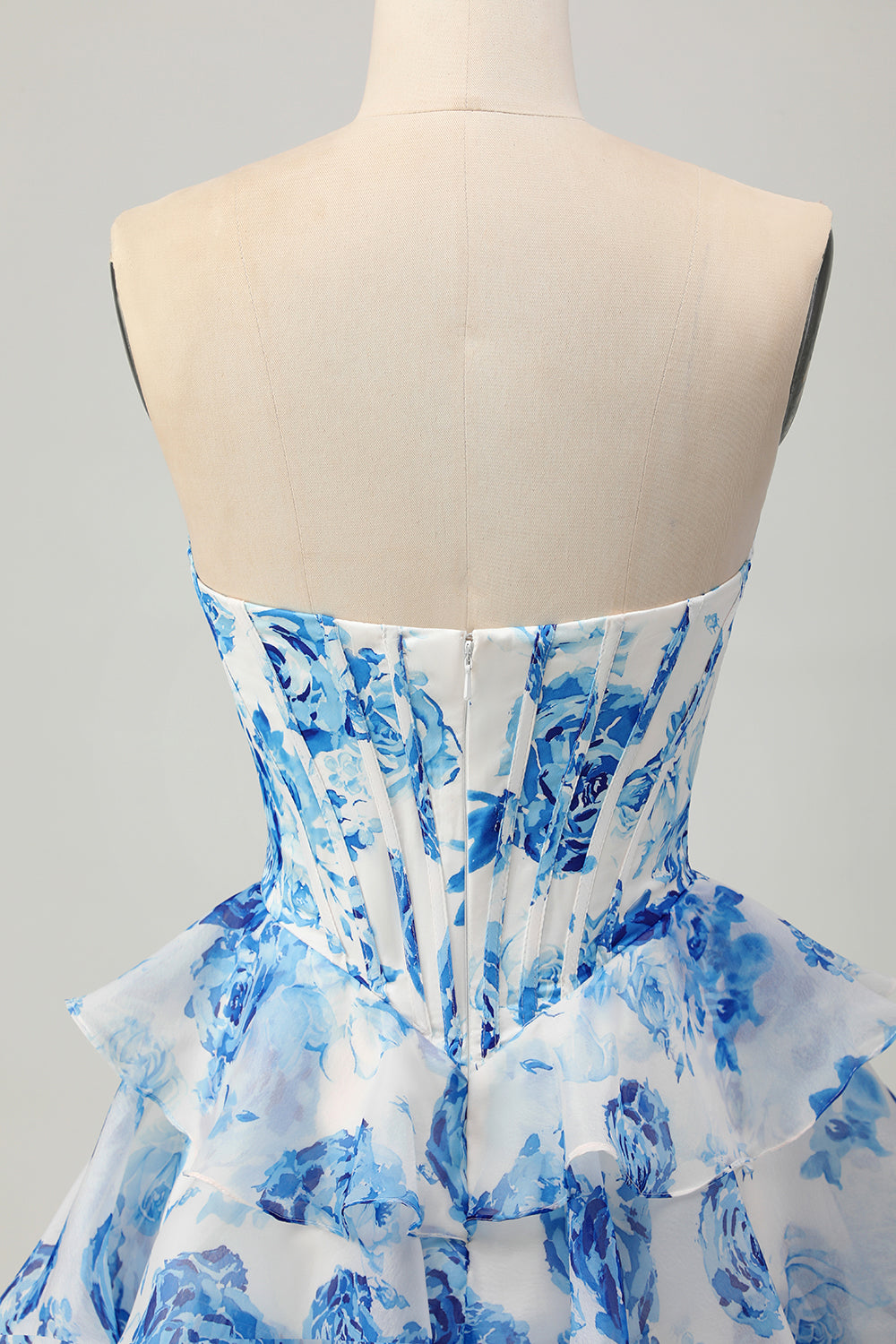 Corset A Line Strapless Tiered White Blue Flower Homecoming Dress with Sequins