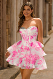 Printed Pink Flower Strapless Corset Homecoming Dress with Sequins