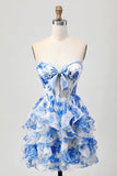 White Blue Floral A-Line Ruffled Strapless Homecoming Dress with Bow