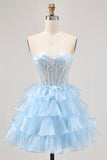Tiered A Line Sequin Strapless Corset Blue Homecoming Dress