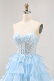 Pink Strapless Ruffle Lace Corset Homecoming Dress with Sequins