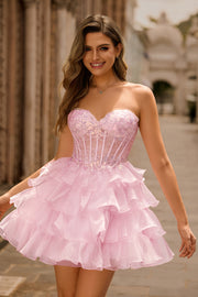 Pink Strapless Ruffle Lace Corset Homecoming Dress with Sequins