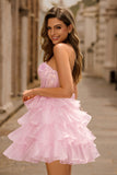 Pink Strapless Ruffle Lace Corset Homecoming Dress with Sequins