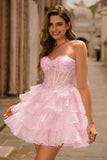 Pink Strapless Ruffle Lace Corset Homecoming Dress with Sequins
