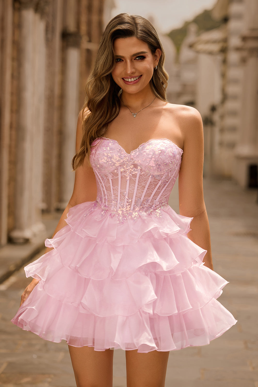 Pink Strapless Ruffle Lace Corset Homecoming Dress with Sequins