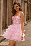 Pink Strapless Ruffle Lace Corset Homecoming Dress with Sequins