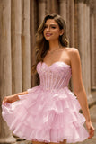 Pink Strapless Ruffle Lace Corset Homecoming Dress with Sequins