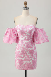 Floral Pink Off the Shoulder Homecoming Dress with Detachable Sleeves