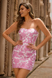 Strapless Pink Floral Bodycon Homecomig Dress With Removable Sleeves
