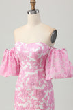 Floral Pink Off the Shoulder Homecoming Dress with Detachable Sleeves