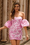 Strapless Pink Floral Bodycon Homecomig Dress With Removable Sleeves