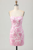 Strapless Pink Floral Bodycon Homecomig Dress With Removable Sleeves