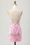 Strapless Pink Floral Bodycon Homecomig Dress With Removable Sleeves