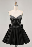 Black A-Line Sweetheart Beaded Homecoming Dress With Bow