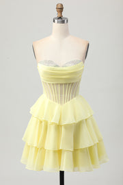 Yellow Strapless Tiered Corset A-Line Homecoming Dress with Beading