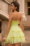 Yellow Strapless Tiered Corset A-Line Homecoming Dress with Beading