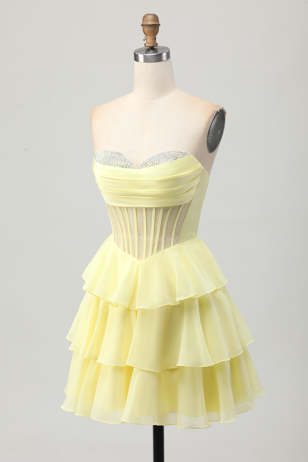 Yellow Strapless Tiered Corset A-Line Homecoming Dress with Beading