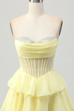 Yellow Strapless Tiered Corset A-Line Homecoming Dress with Beading