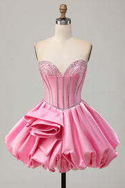 Pink Bodycon Sweetheart Satin Corset Homecoming Dress with Rhinestones