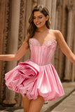 Corset A-Line Strapless Pink Homecomging Dress with Rhinestones