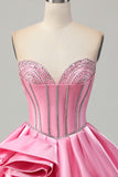 Pink Bodycon Sweetheart Satin Corset Homecoming Dress with Rhinestones