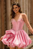 Corset A-Line Strapless Pink Homecomging Dress with Rhinestones