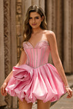 Corset A-Line Strapless Pink Homecomging Dress with Rhinestones