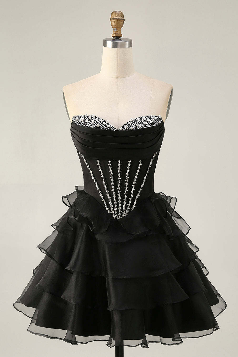 Black Strapless A Line Tiered Corset Homecoming Dress with Beading