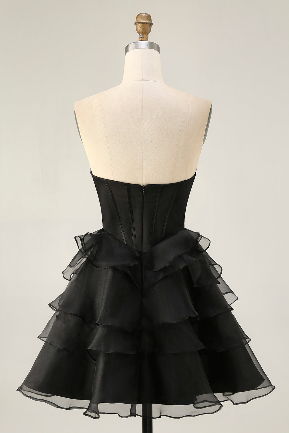 Black Strapless A Line Tiered Corset Homecoming Dress with Beading