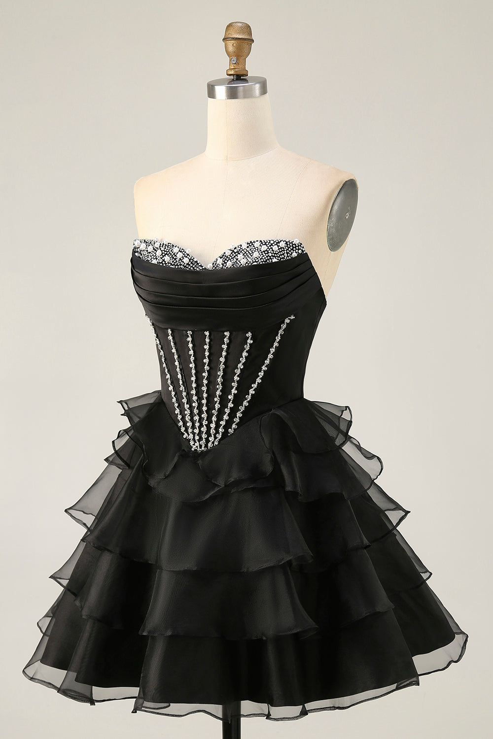 Black Strapless A Line Tiered Corset Homecoming Dress with Beading