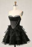 Black Strapless A Line Tiered Corset Homecoming Dress with Beading