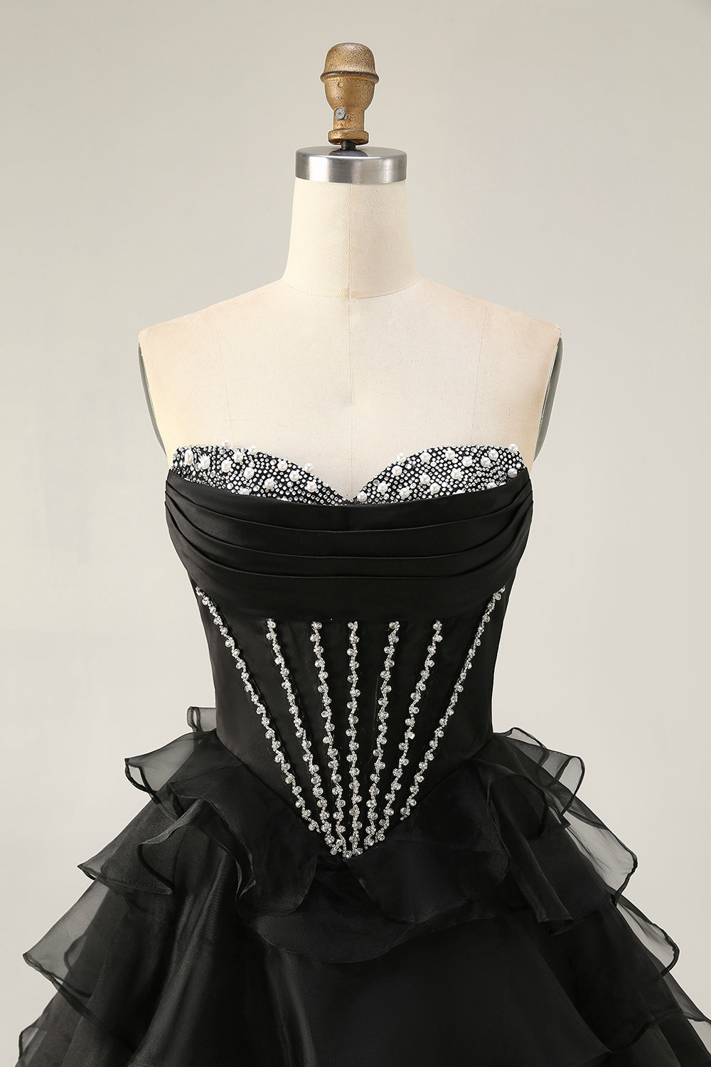 Black Strapless A Line Tiered Corset Homecoming Dress with Beading