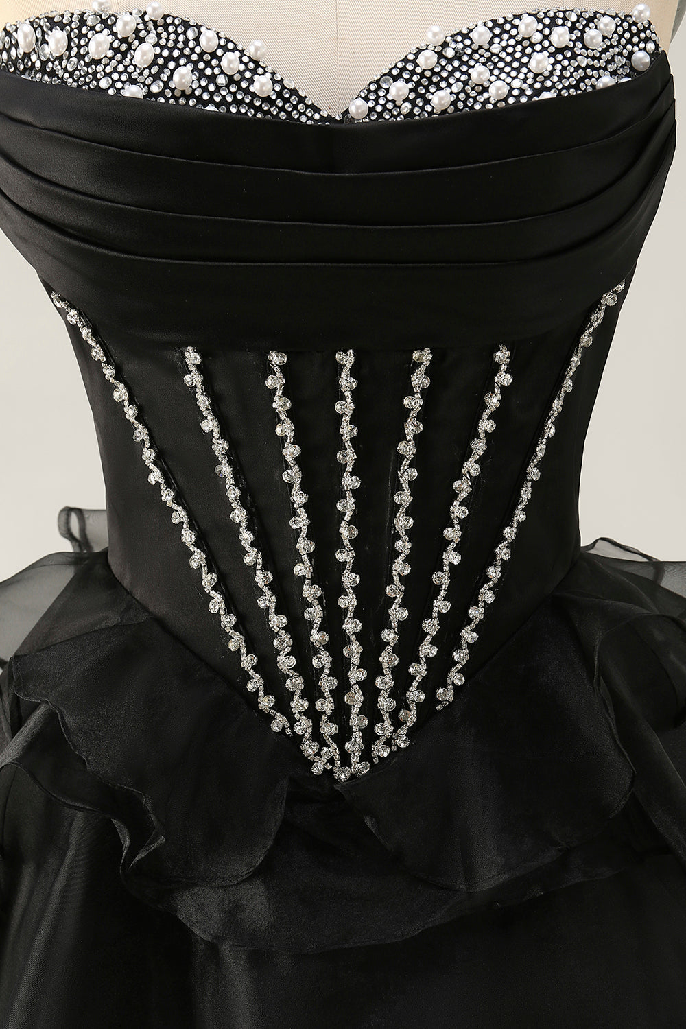 Black Strapless A Line Tiered Corset Homecoming Dress with Beading