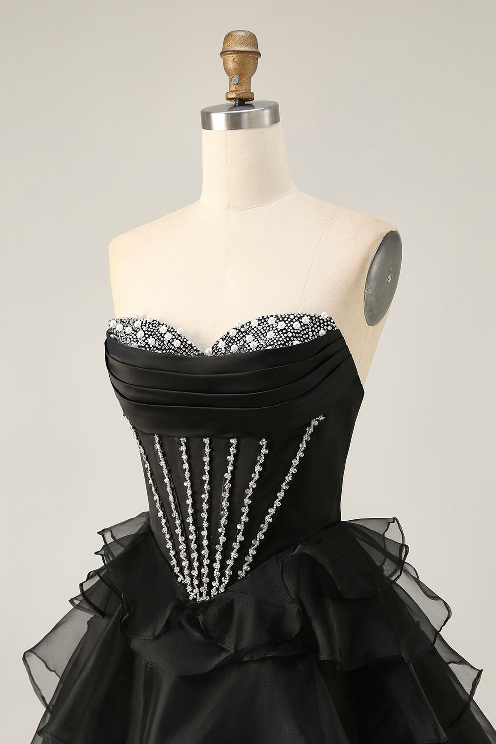 Black Strapless A Line Tiered Corset Homecoming Dress with Beading
