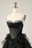 Black Strapless A Line Tiered Corset Homecoming Dress with Beading