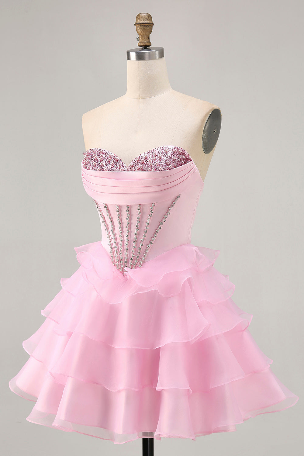 Black Strapless A Line Tiered Corset Homecoming Dress with Beading