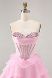 Black Strapless A Line Tiered Corset Homecoming Dress with Beading