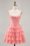 Blush A-Line Tiered Ruffle Corset Strapless Homecoming Dress
