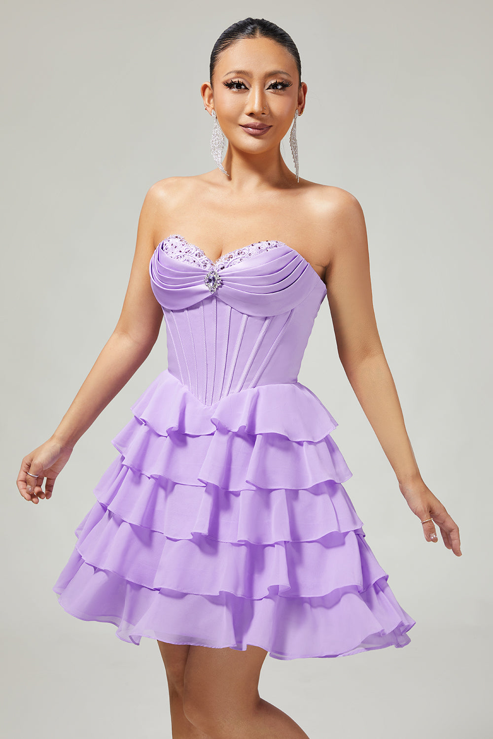 Purple Corset Tiered Ruffle Strapless A-Line Homecoming Dress