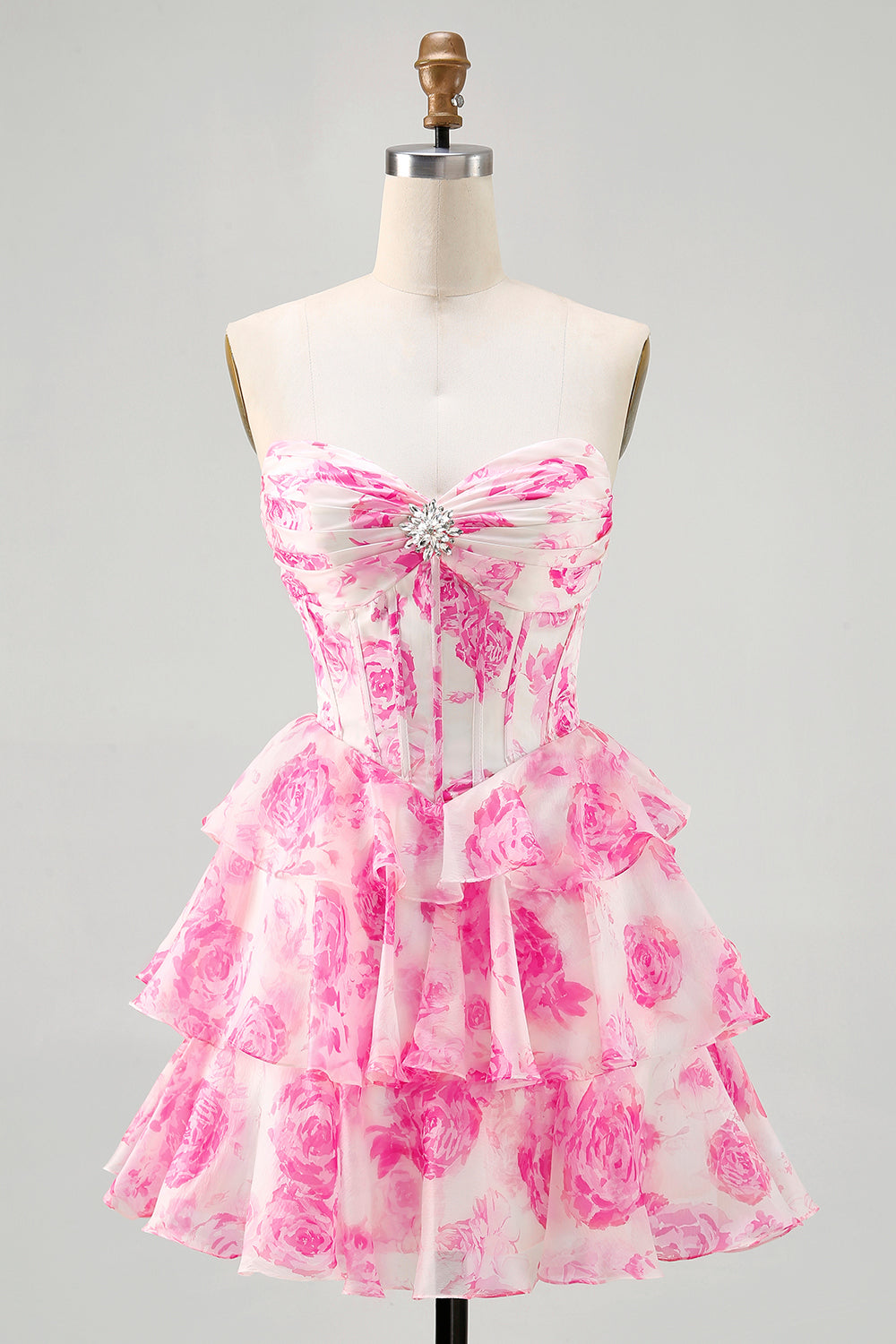 Floral Fuchsia Corset Strapless A-Line Homecoming Dress With Ruffles