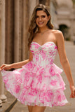 Floral Fuchsia Corset Strapless A-Line Homecoming Dress With Ruffles